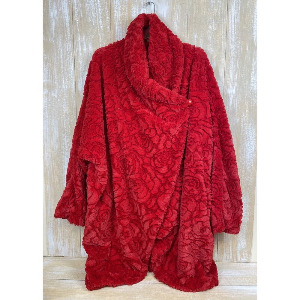 Adrienne Landau Faux Fur Button Shawl/Collar Coat Red Rose Floral Sz 2X